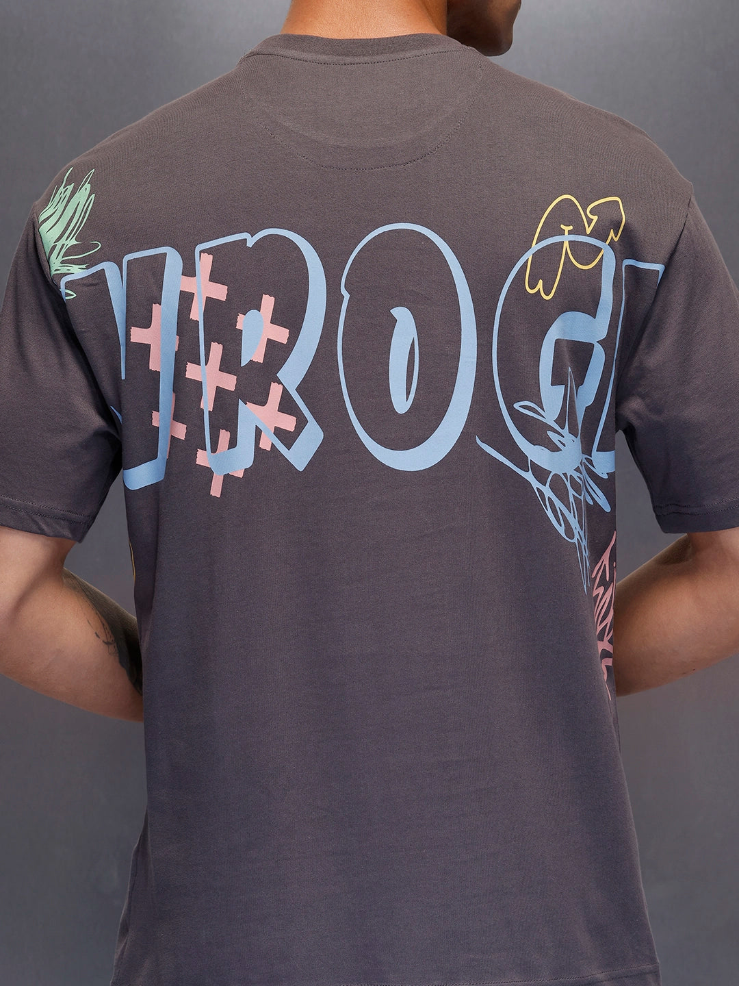 Men's oversized graphic T-shirt with bold back print | Charcoal
