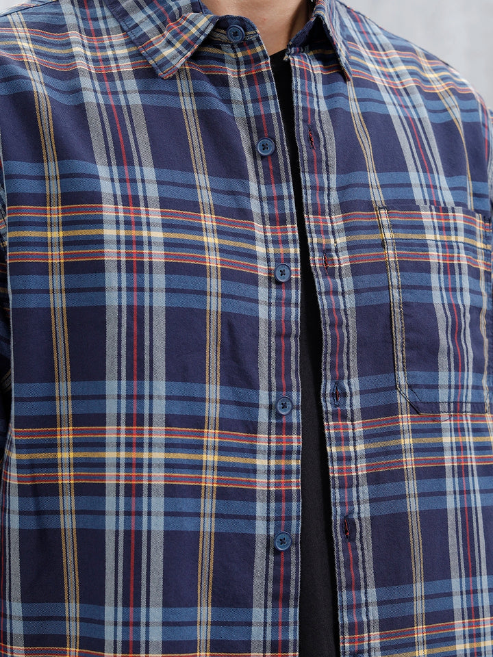 Wrogn Comfort Fit Checkered Shirt  | Navy Blue