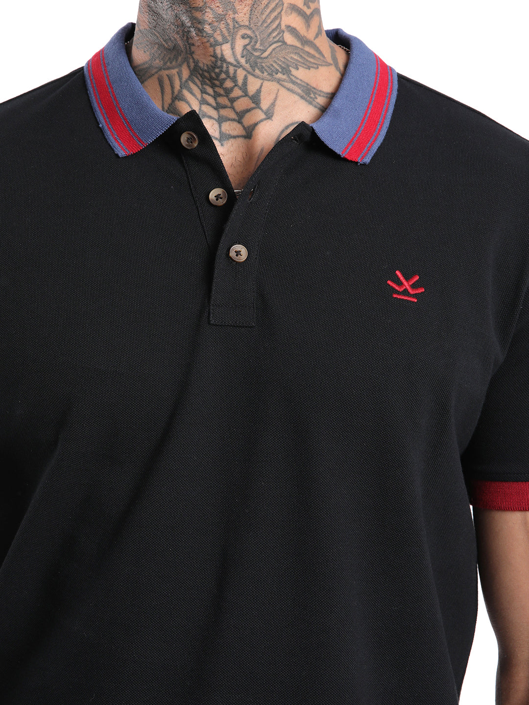 Solid Black Contrast Collar Polo T-Shirt