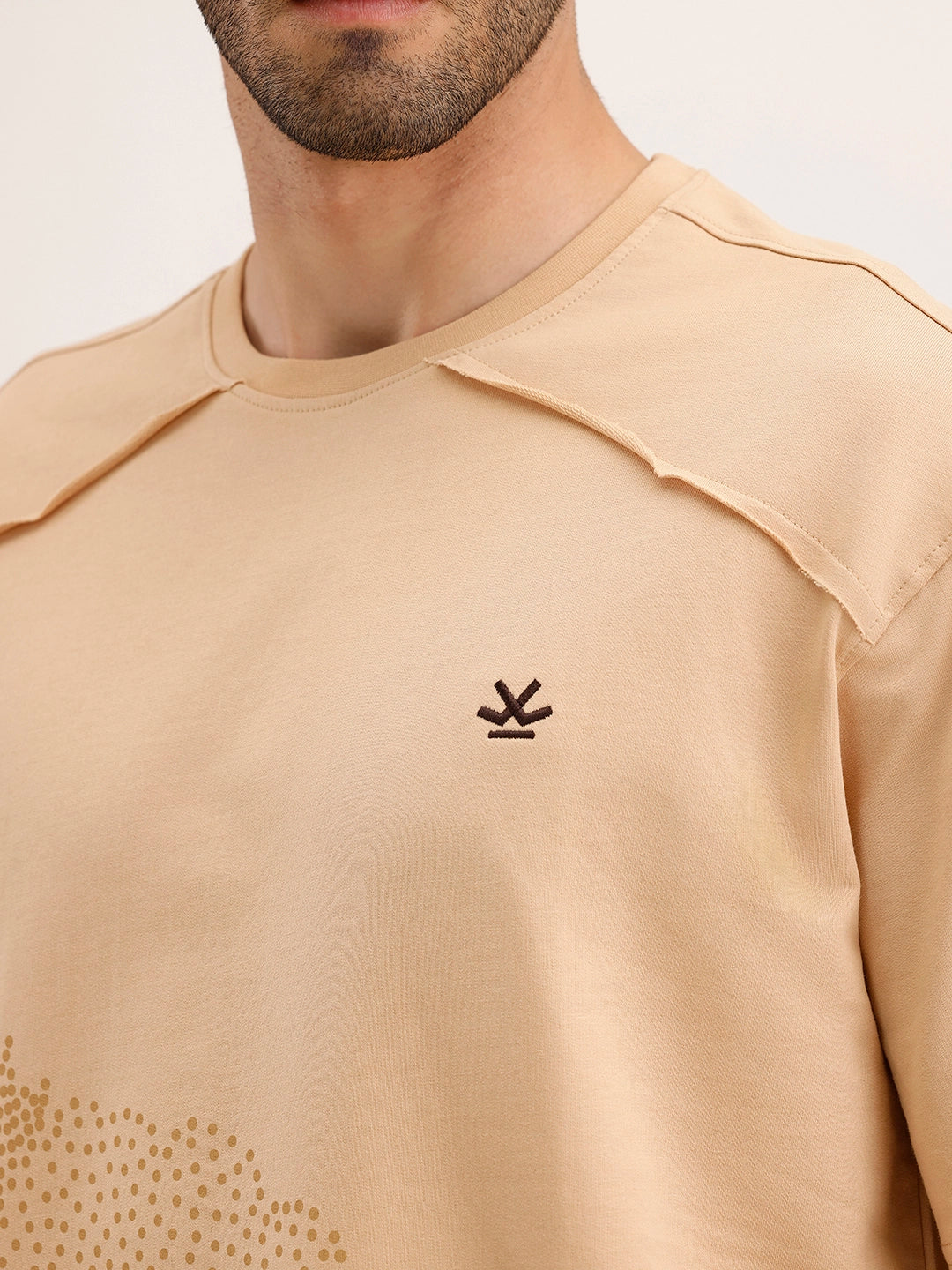 Oversized Cut & Sew Placement Printed T-Shirt | Beige