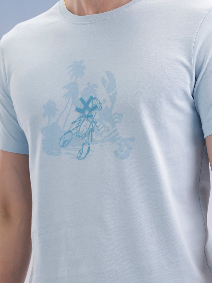 Slim Fit Flock Printed T-Shirt  | Light Blue
