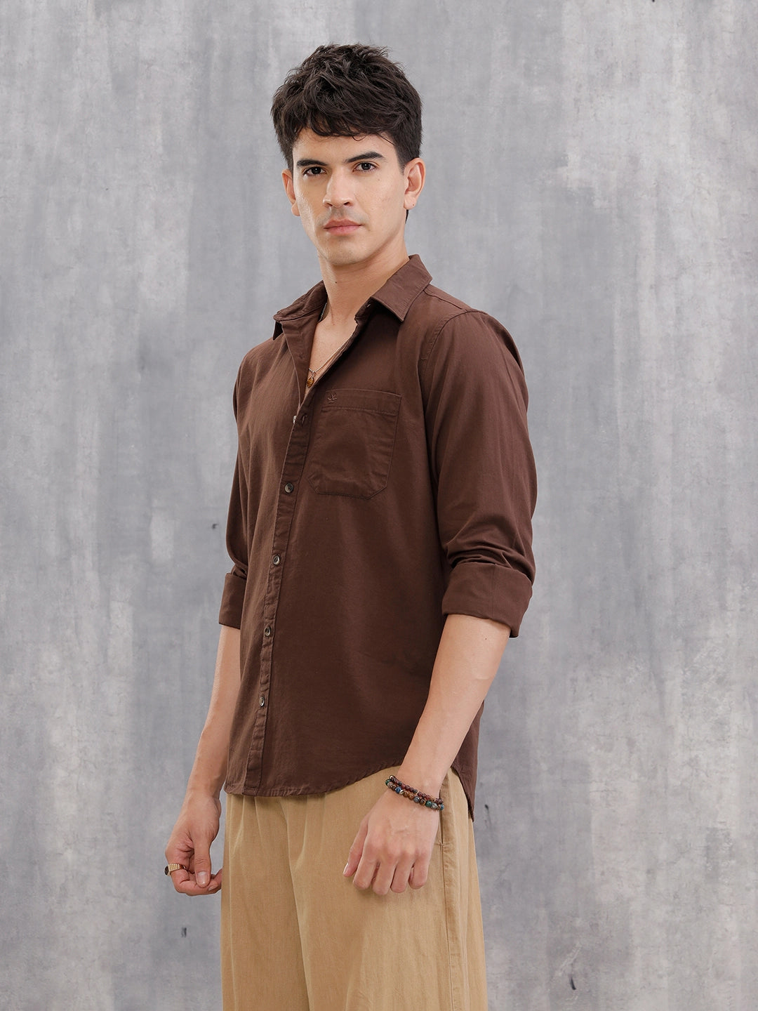 Solid 100%Cotton Regular Fit Shirt |  Brown