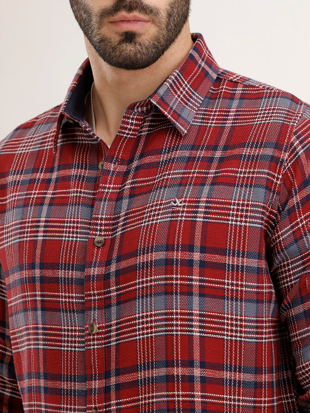 Textured Slim Fit Checkered Shirt | Maroon