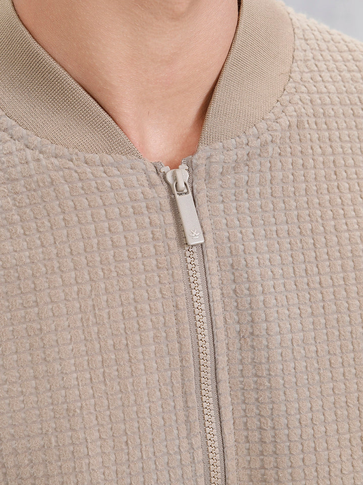 Men’s Textured Casual Bomber Jacket | Beige