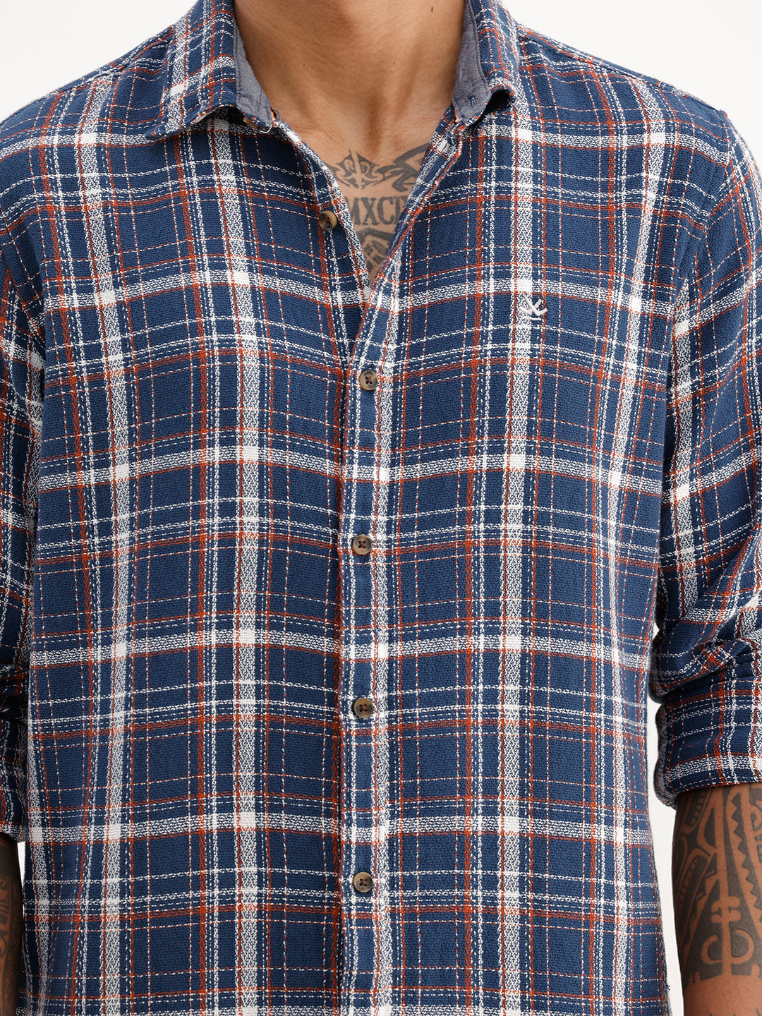 Slim Fit Checkered Full Sleeve Shirt | Navy Blue