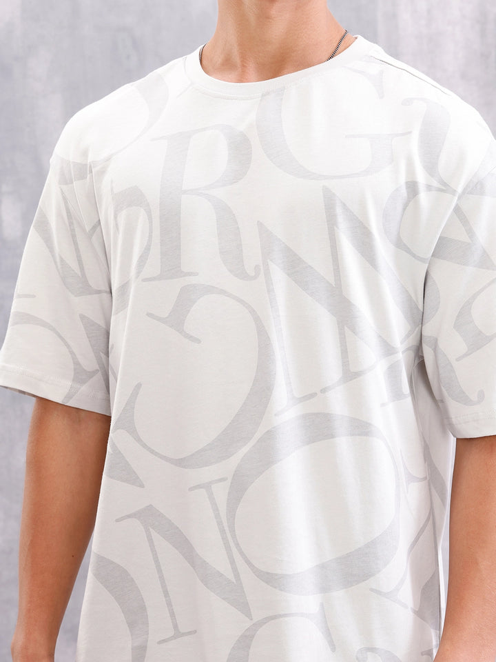 Typo Inspired Tonal Aop Oversized Fit T-shirt | White