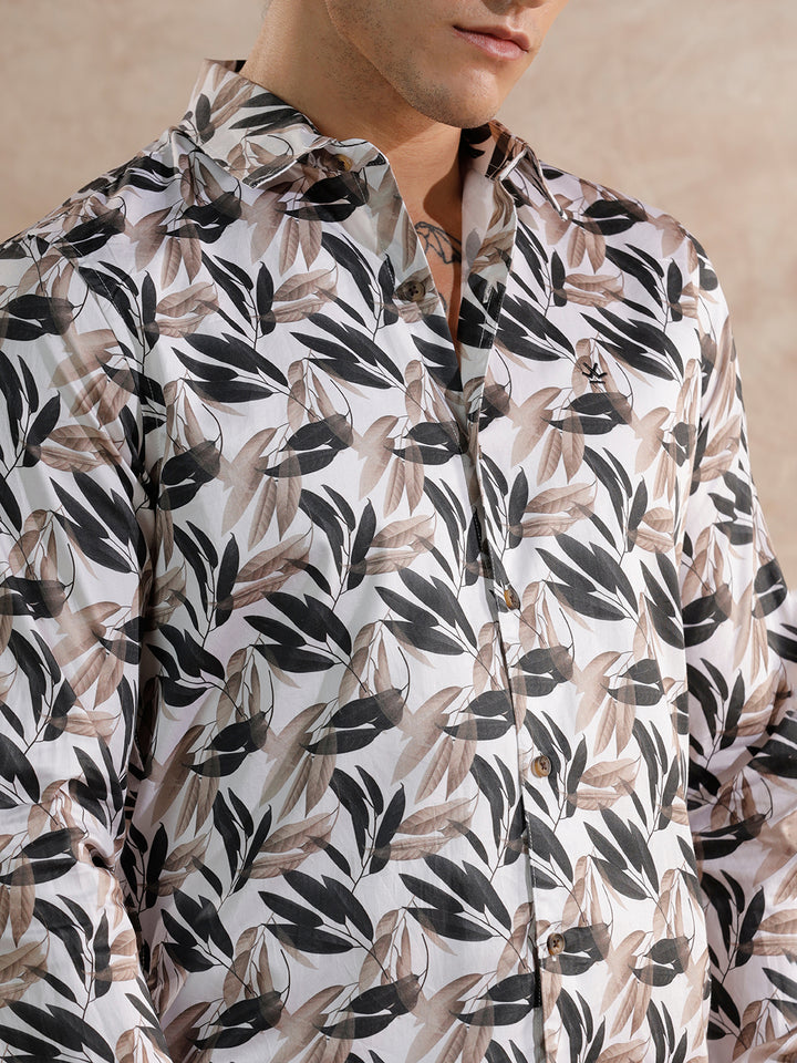 Printed Satin Slim Fit Shirt | Off White