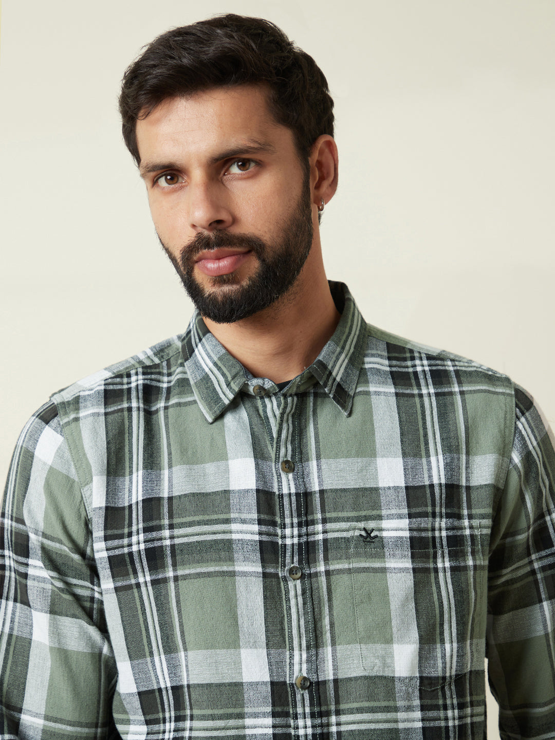 Checked Slim Fit Shirt in Light Olive