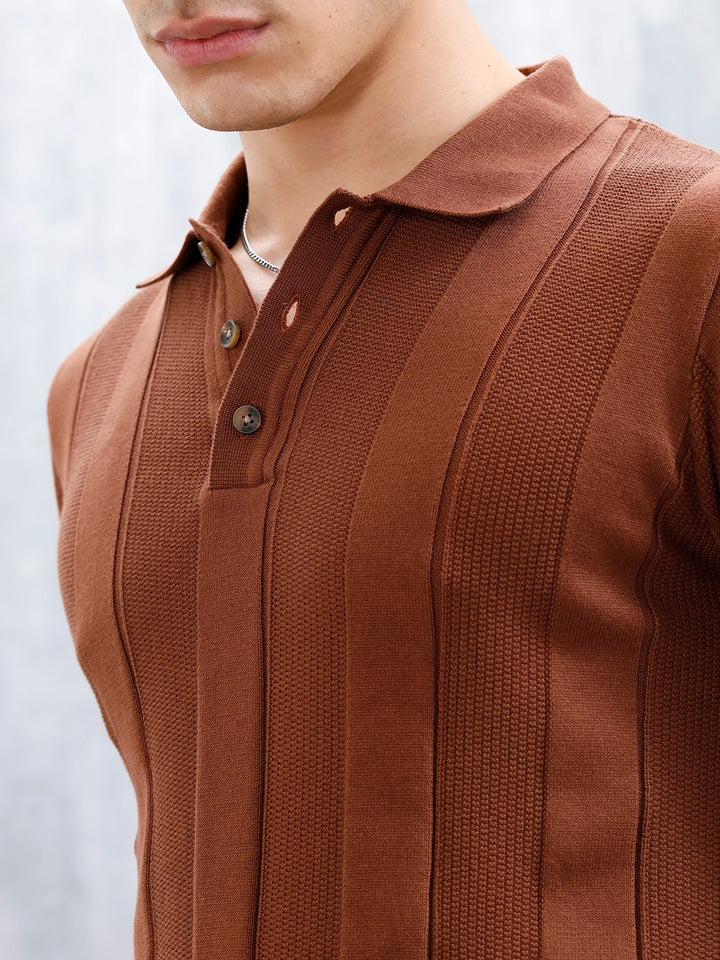 Classic Flat Knit Textured Polo T-Shirt For Men | Brown
