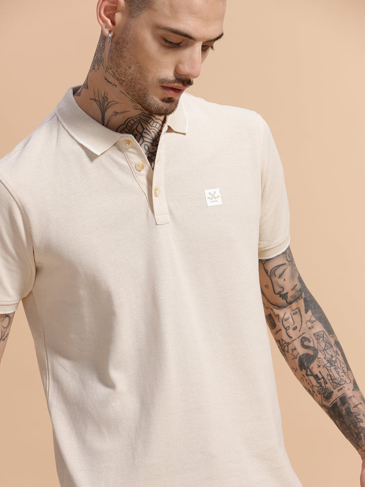 Solid Tipped Collar Polo T-Shirt | Beige