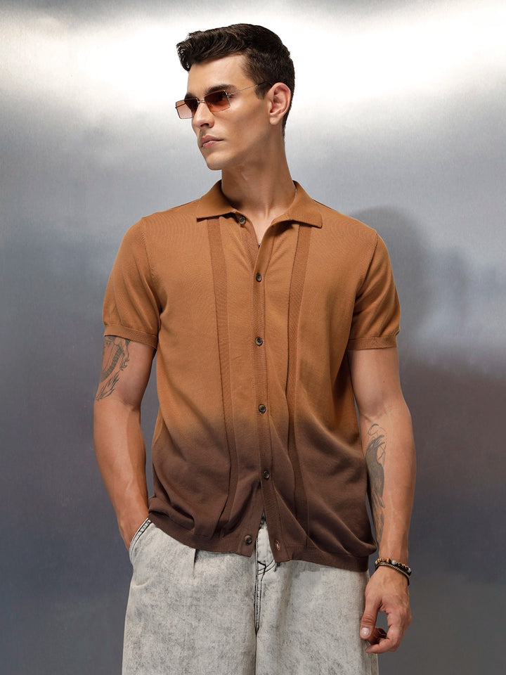 Textured Knit Button-Down SHIRT  | Brown