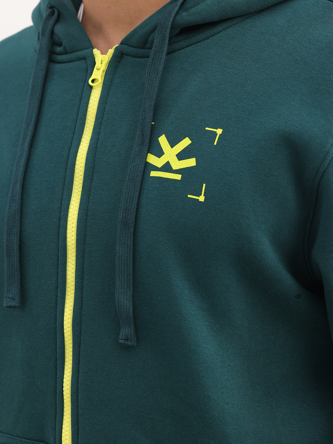 Solid Contrast Zipper Hooded Sweatshirt | Dark Green