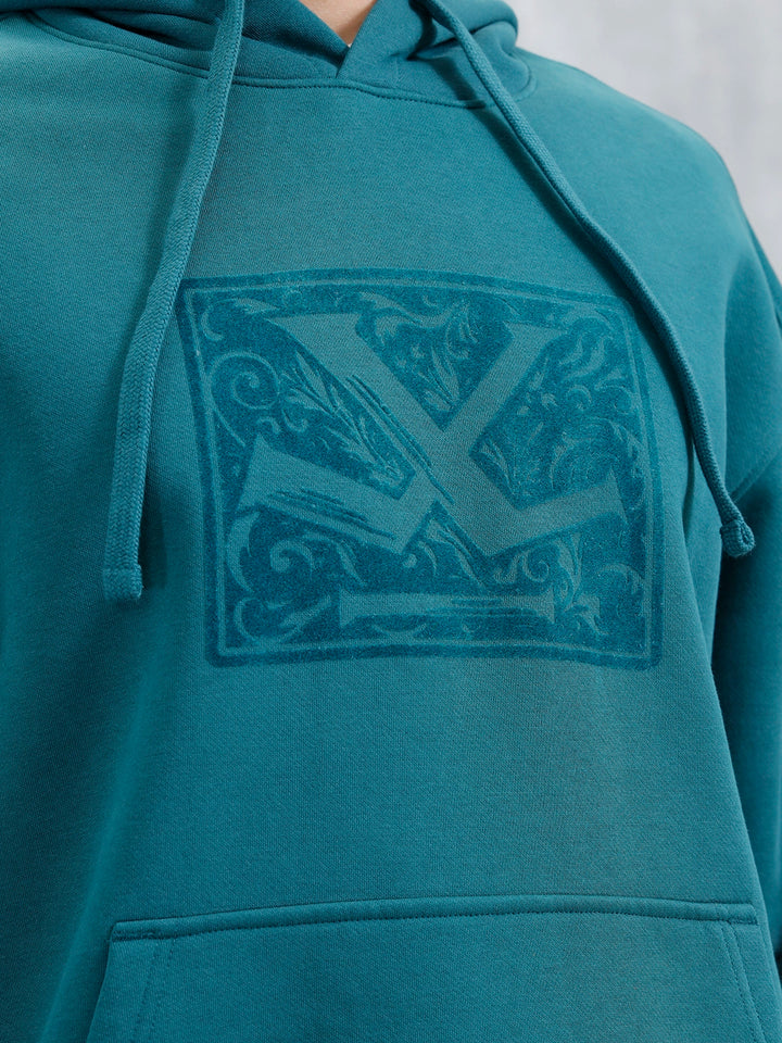 Oversized Brushed Fleece Hoodie With Tonal Flock Print | Teal