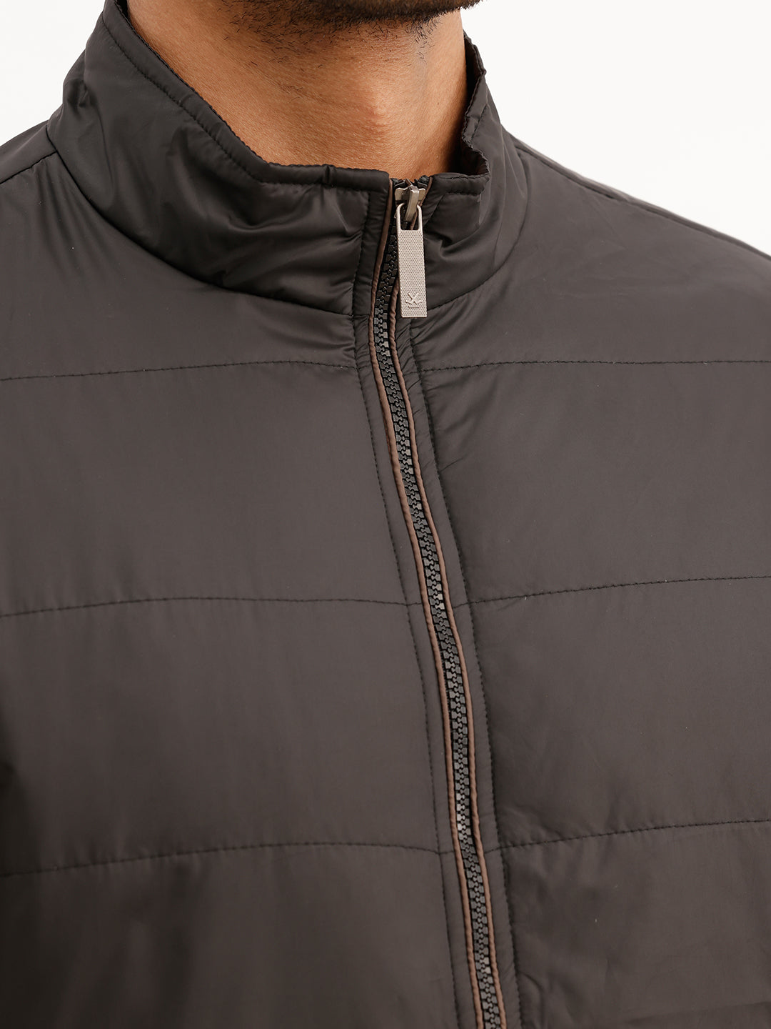 Solid Regular Fit Zipper Puffer Jacket | Black