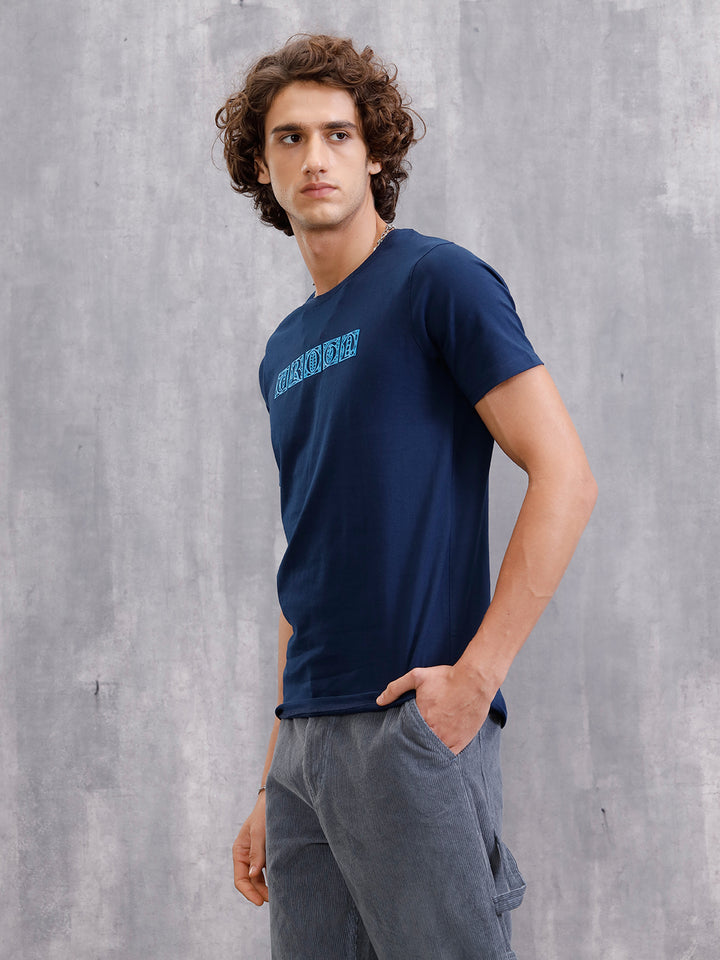 Ancient Script Inspired 3D Print Brand Carrier T-Shirt  | Navy Blue