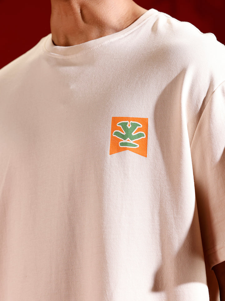 Oversized Black Cotton T-shirt with Graphic Accent | Beige