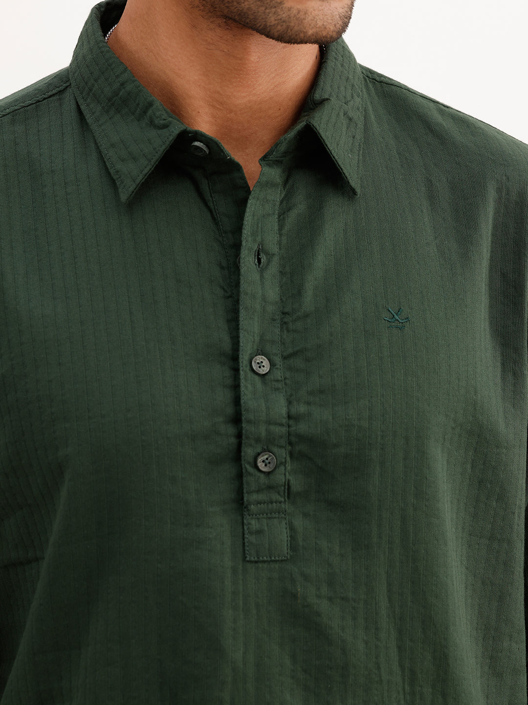 Textured Half Placket Full Sleeve Shirt | Dark Green