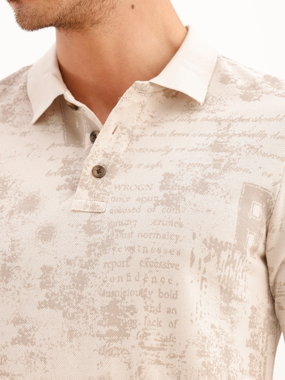 Abstract Printed Slim Fit Polo T-Shirt | Beige