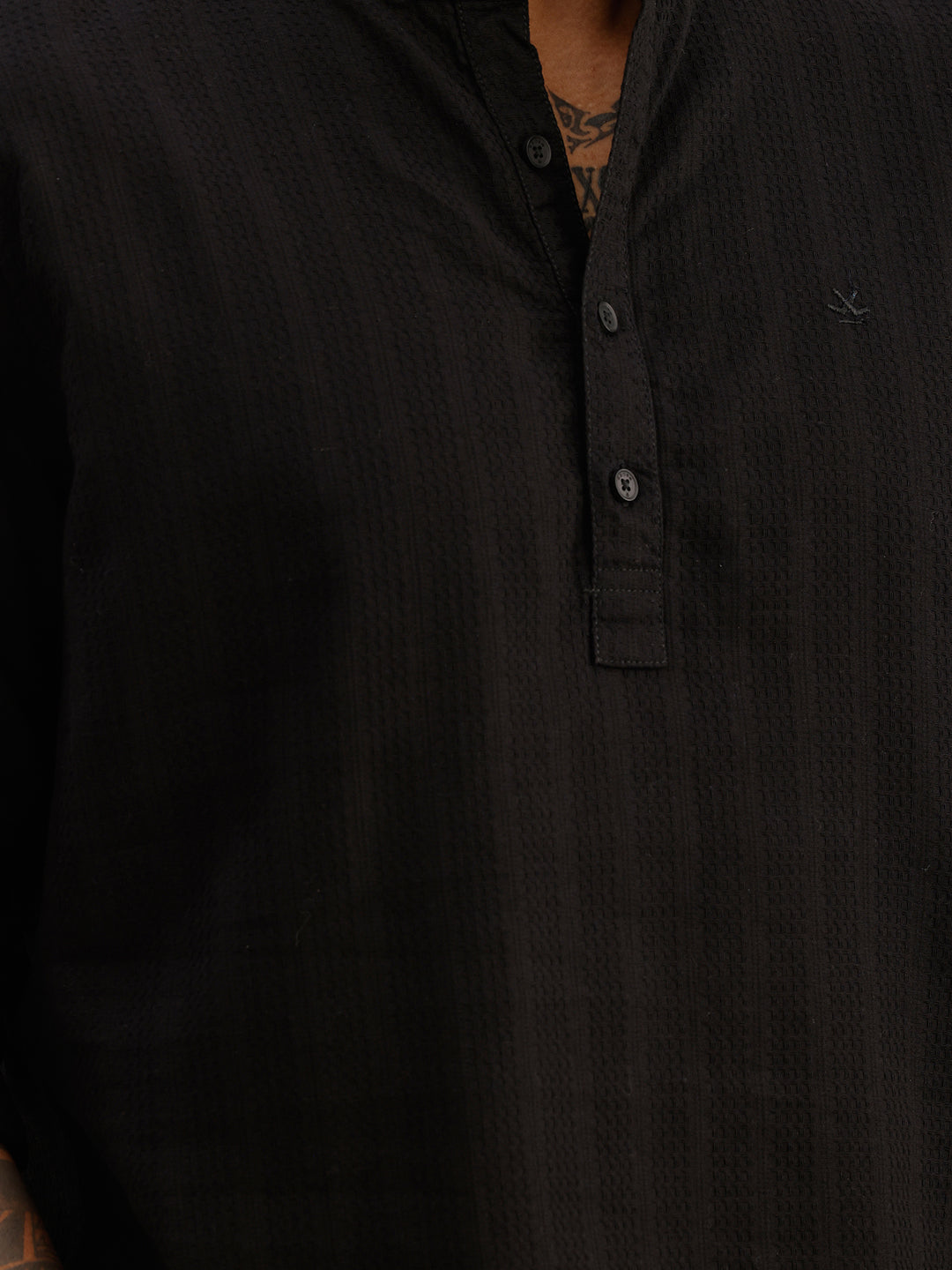 Textured Slim Fit Mandrin Collar Shirt | Black