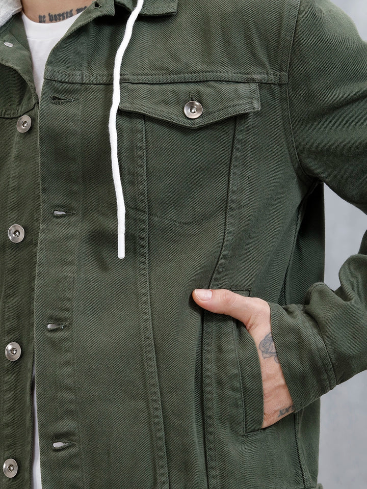 Wrogn Men's Casual Hooded Denim Jacket | Olive