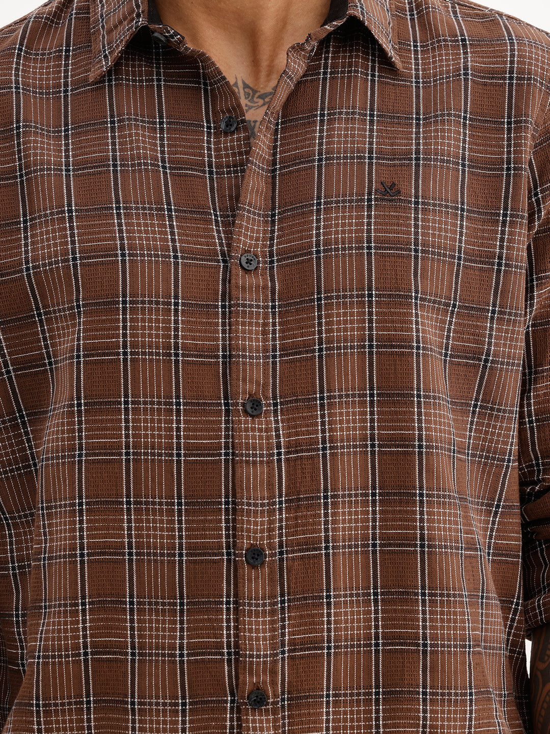 Slim Fit Checkered Full Sleeve Shirt | Brown
