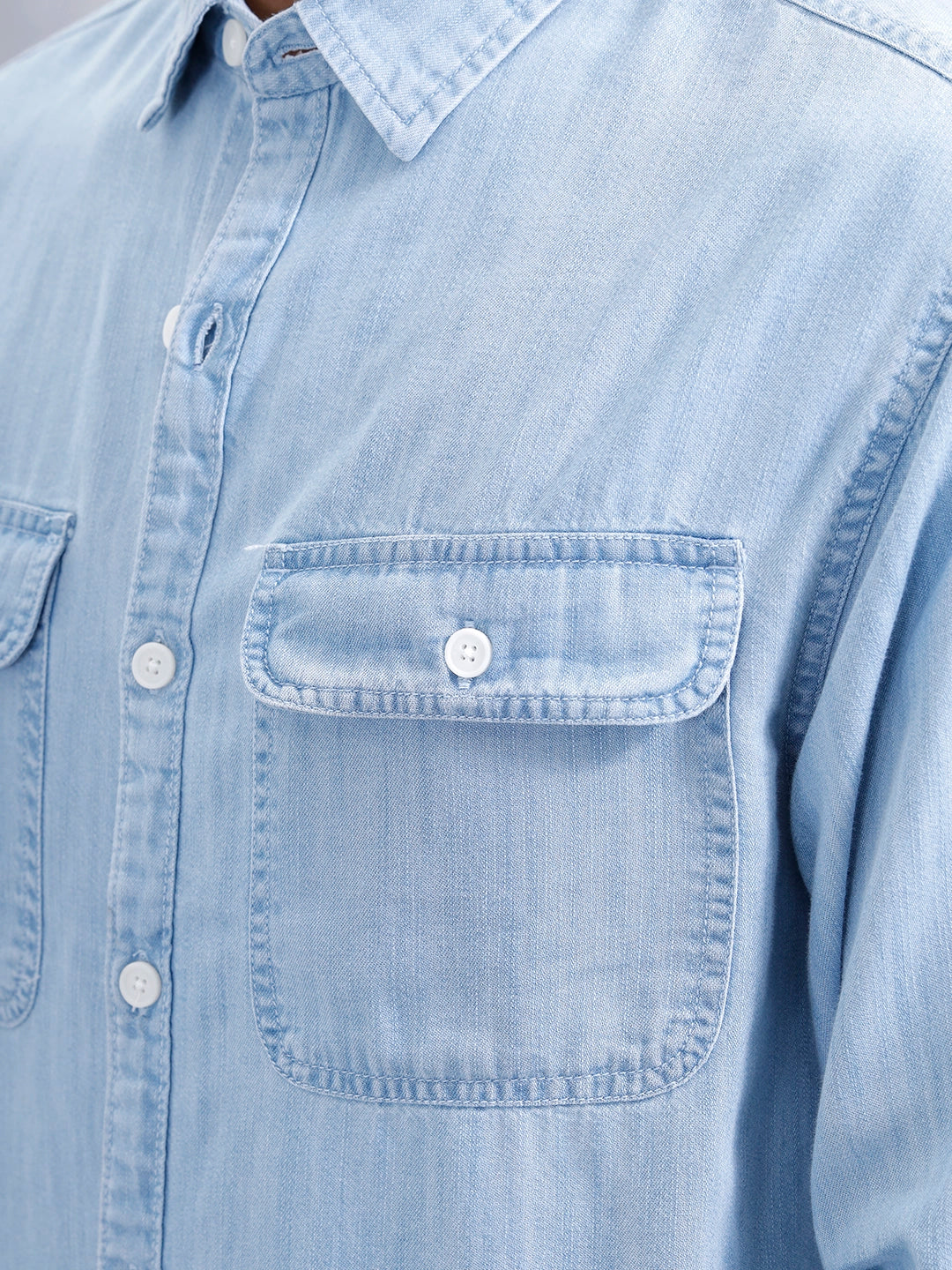 Comfort Fit Double Pocket Solid Shirt | Blue