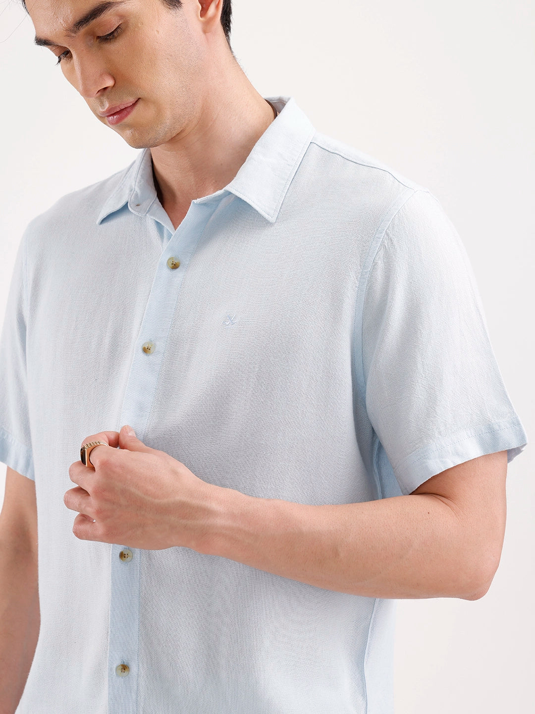 Slim Fit Half Sleeve Linen Blend Shirt  | Light Blue