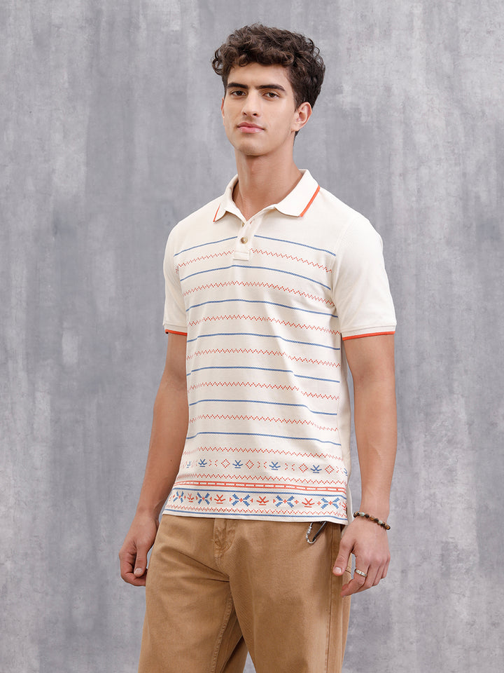 Embroidered Look Engineered Aop Polo T-Shirt  | Beige