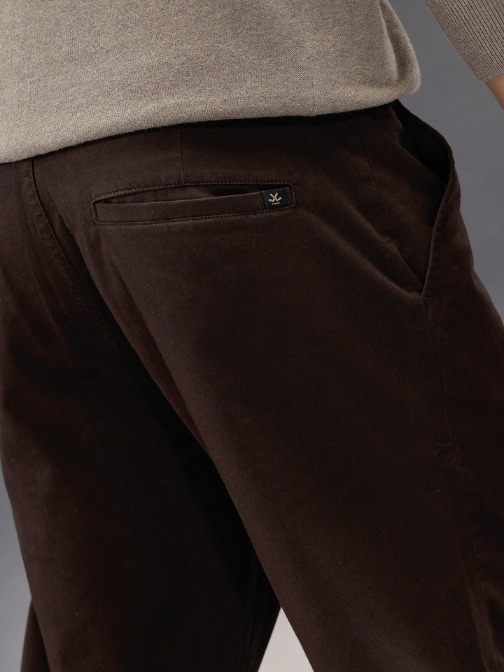 Regular Fit Solid Trousers In Premium Fabric | Dark Brown