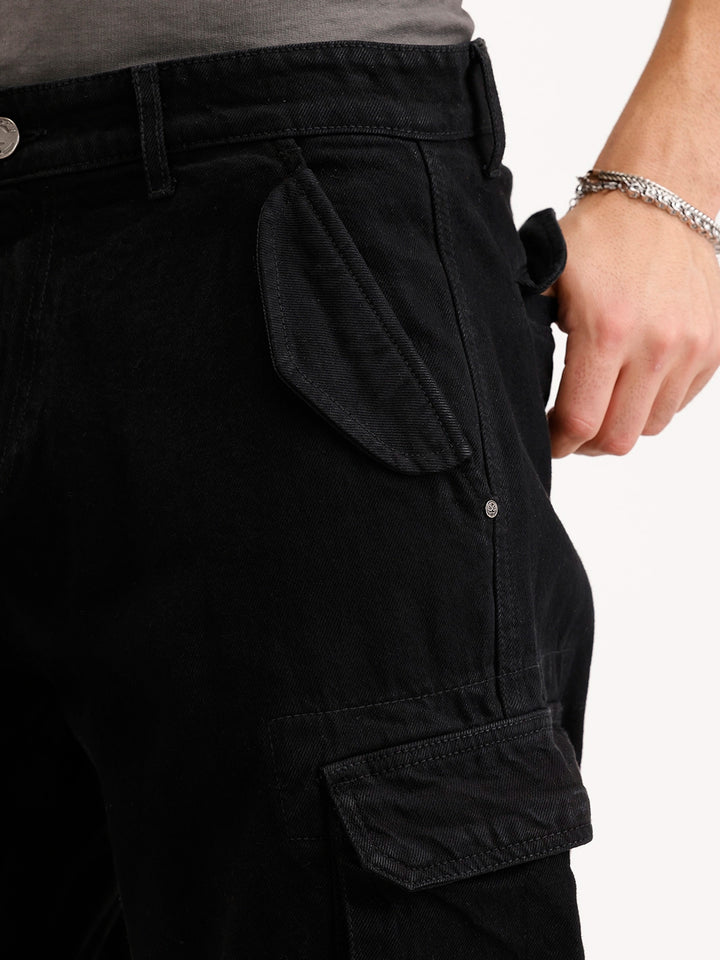 Solid Loose Fit Denim Cargo | Black
