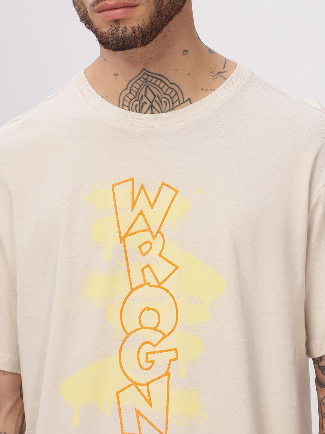 Wrogn Spray Print Oversized Beige T-Shirt