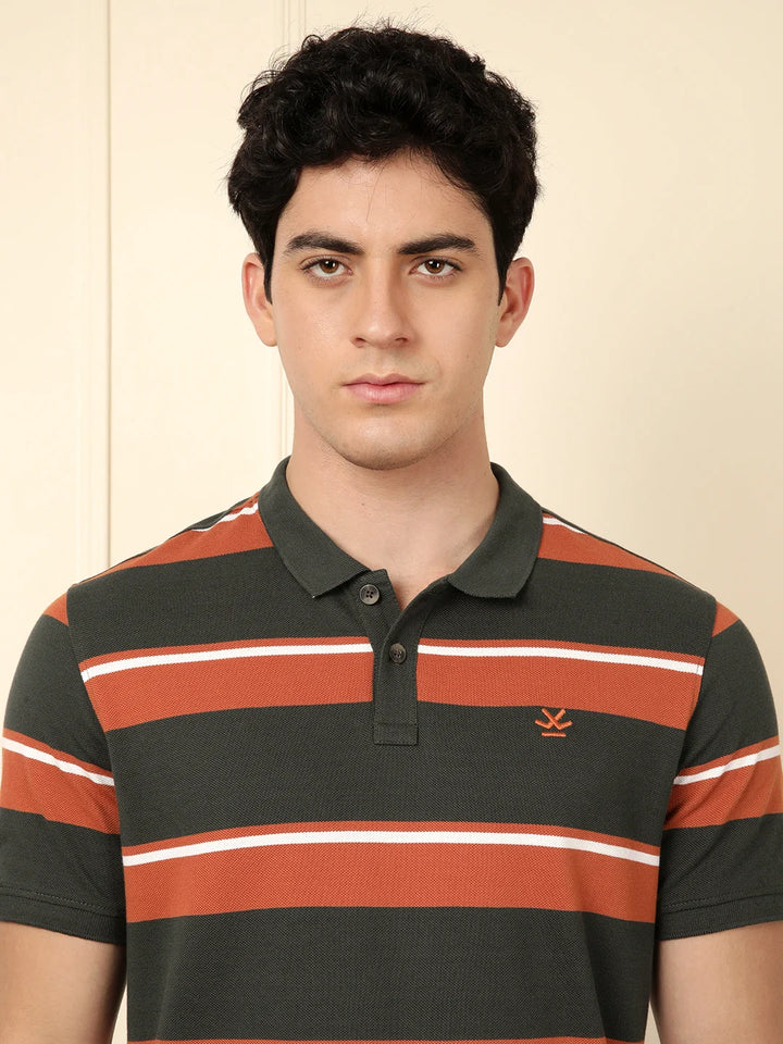 Striped Slim Fit Polo T-Shirt in Rust