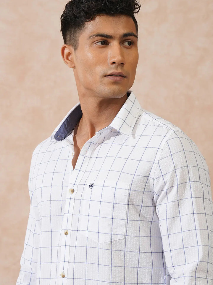 Checked Seersucker Slim Fit Shirt | White