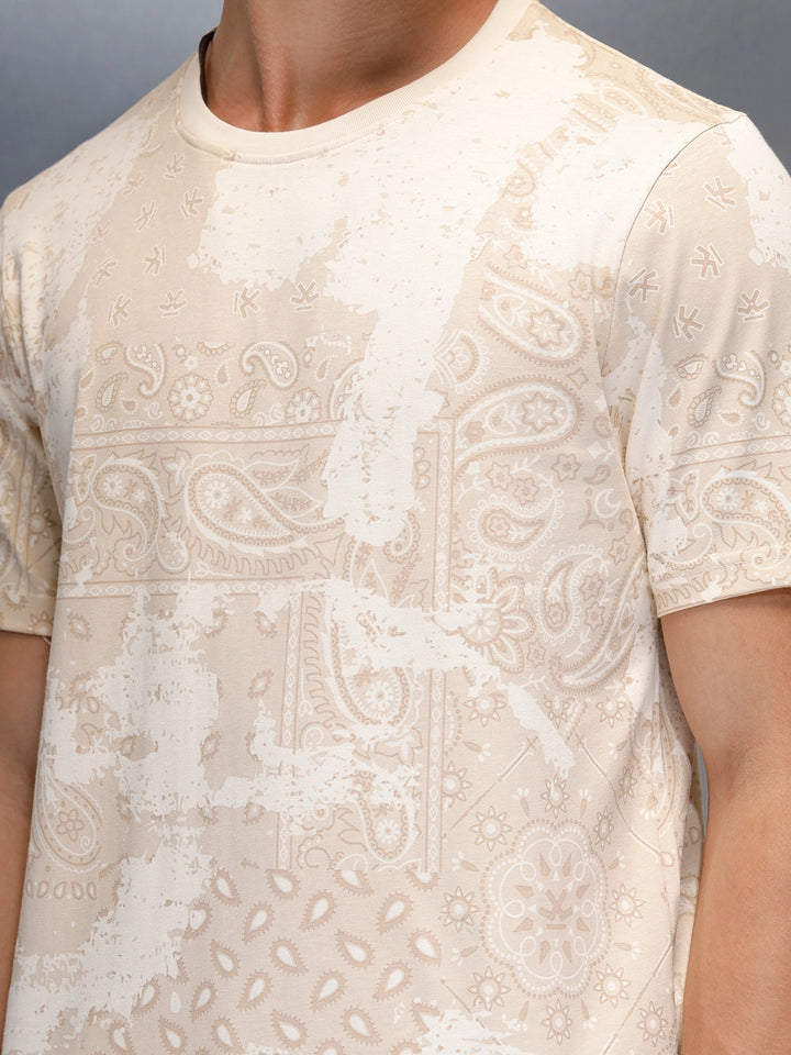 Men's slim fit Casual Tshirt with Paisley AOP  | Beige
