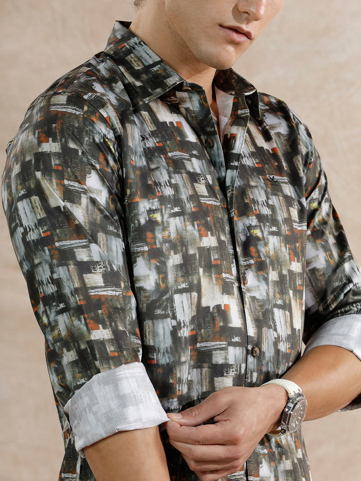 Flowy AOP Slim Fit Shirt | Dark Olive