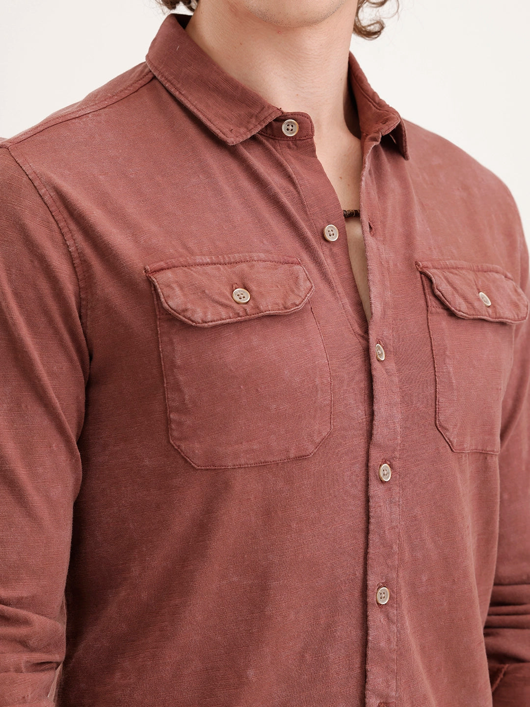 Solid Slim Fit Double Pocket Shirt | Rust