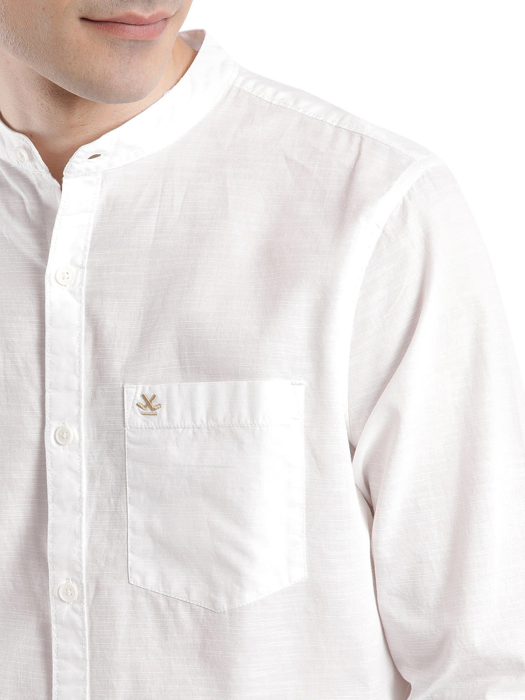 White Slub Mandarin Collar Shirt