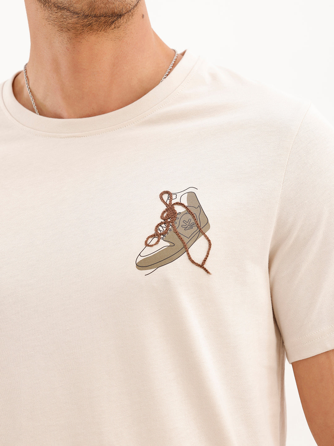 Slim Fit Emroidered Patch Detail T-Shirt | Beige