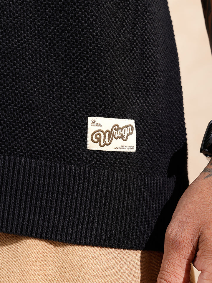 Solid Textured Flat Knit Polo T-Shirt | Black