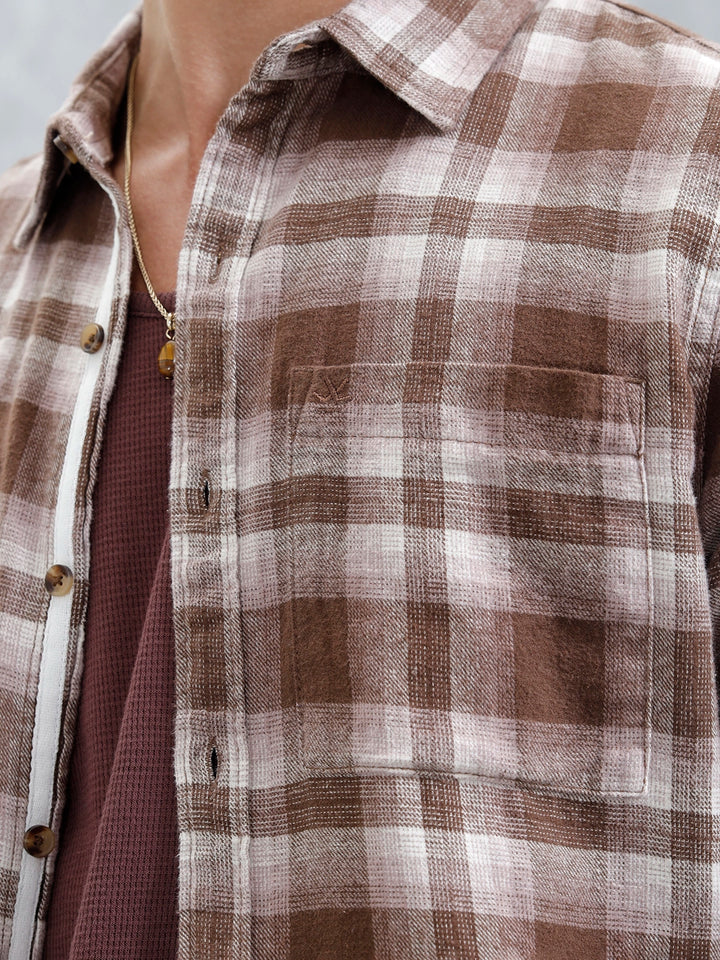 Men's Casual Checkered Pattern Double Pocket Shirt | Brown