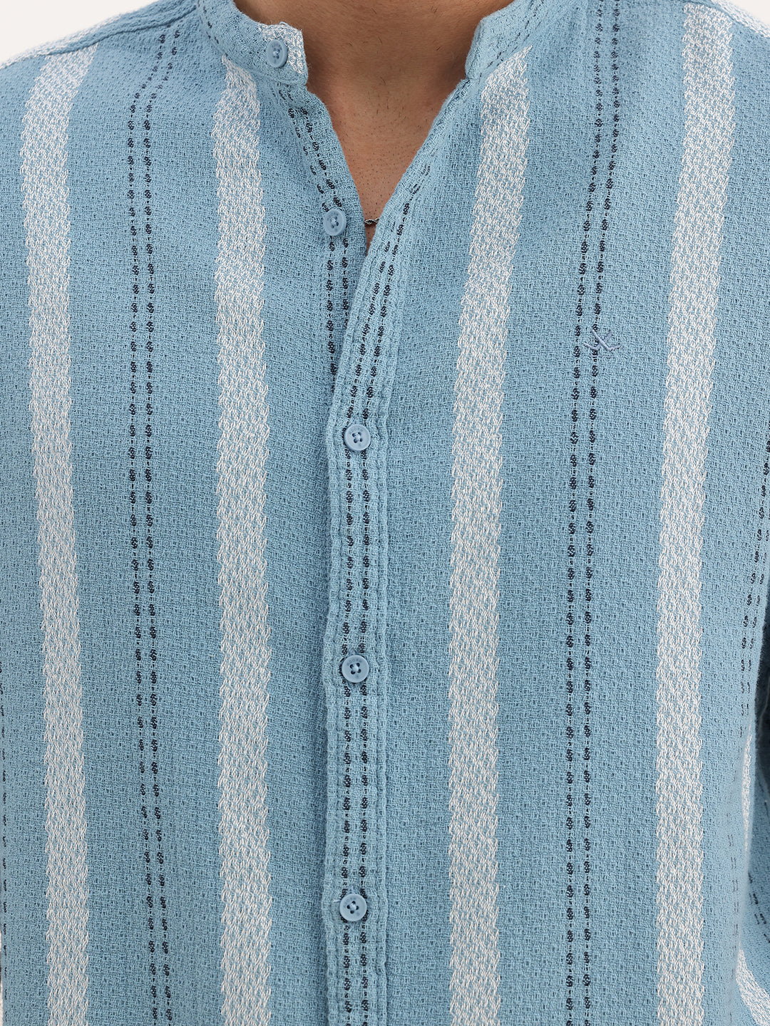 Comfort Fit Mandrin Collar Stripe Shirt | Blue