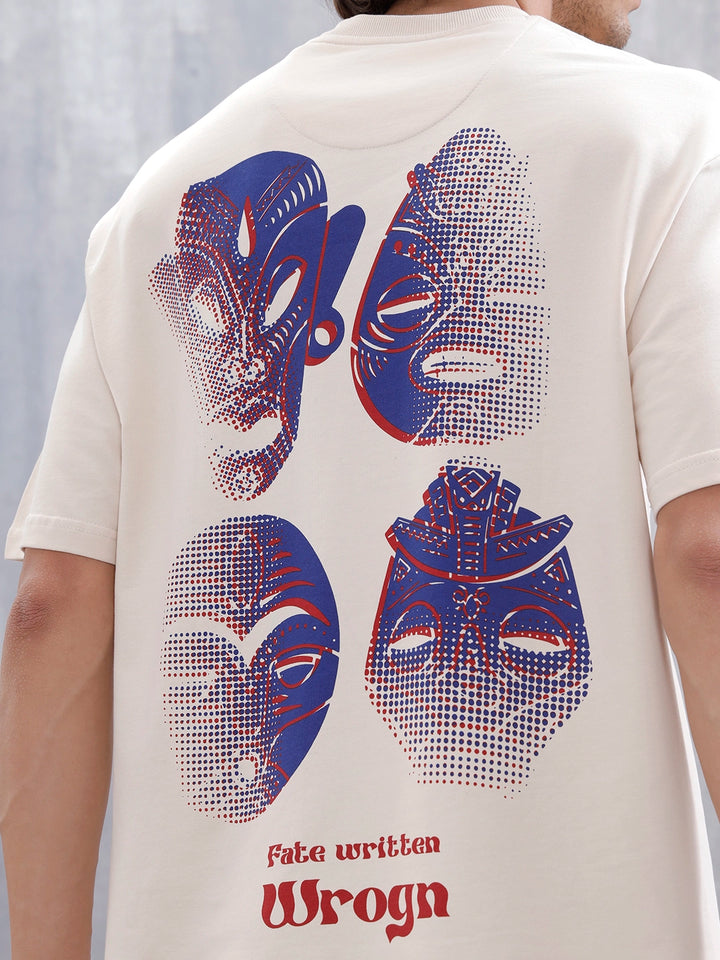 Mythical Faces Oversized Cotton Back Print T-Shirt | Beige