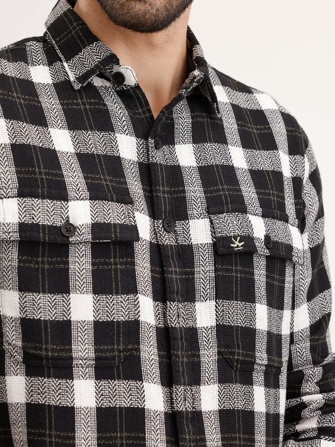 Regular Fit Herringbone Checkered Shirt | Black