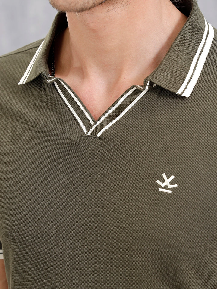 Contrast Tipped Johnny Collar Slim Fit Polo | Olive