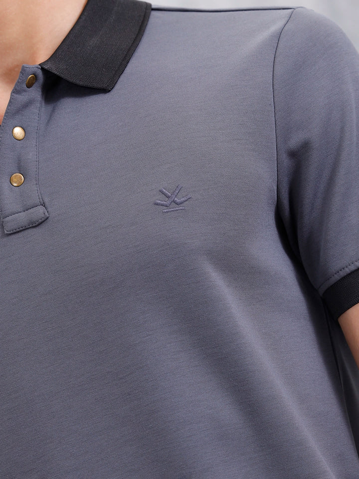 Men Slim Fit Polo Collar T-Shirt With Contrast Collar | Dark Grey