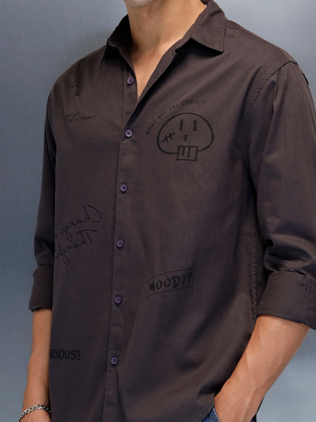 Men's Casual Regualr Fit Shirt With Placement Print | Dark Grey