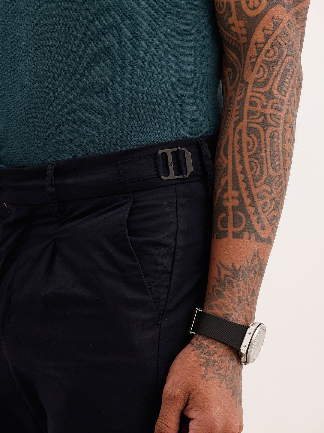 Solid Slim Fit Pleated Trouser | Navy Blue