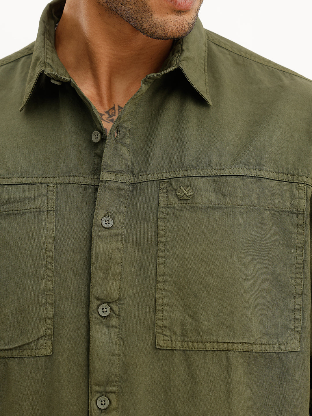 Solid Double Pocket Full Sleeve Shirt | Olive | WSH01FSCM7039W
