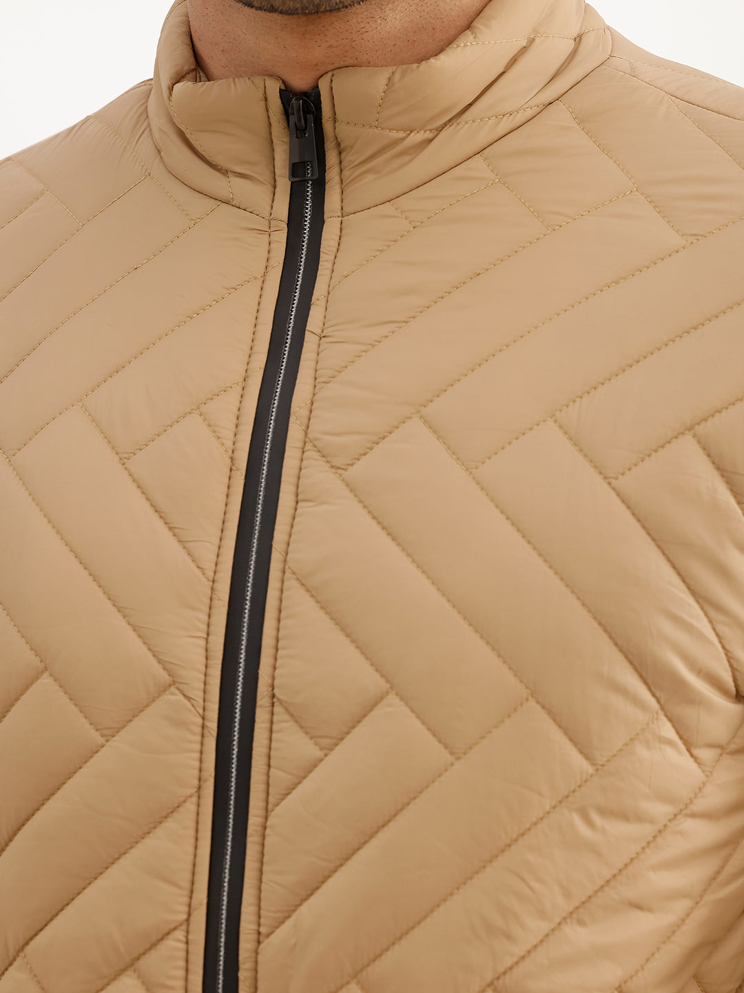 Solid Regular Fit Puffer Jacket | Beige