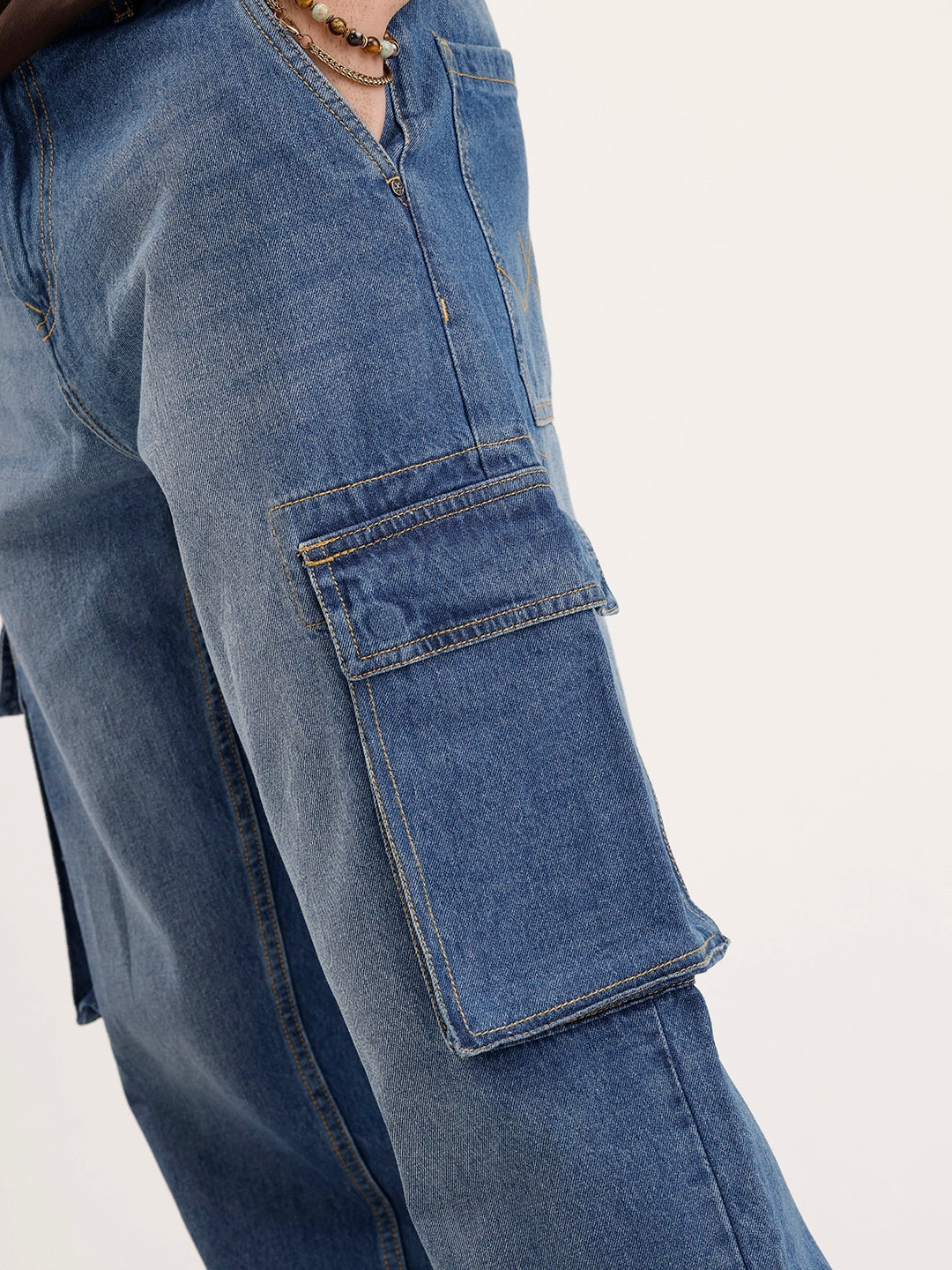 Loose Fit Cargo Denim Jeans | Light Blue